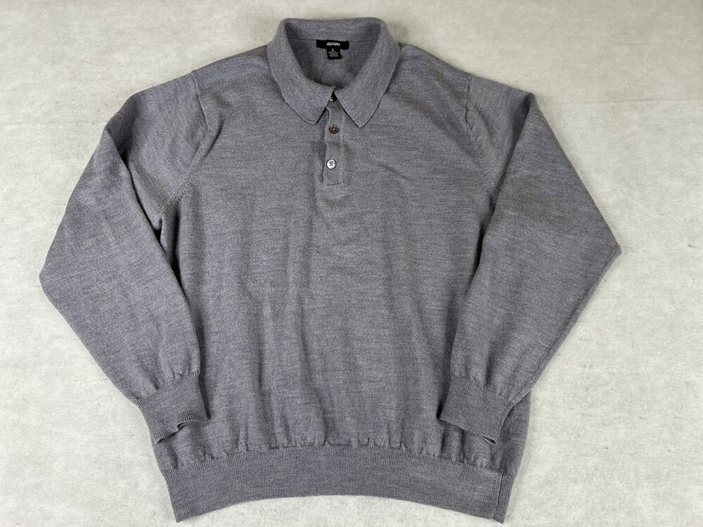 Alfani Polo Sweater Men's Large Grey Merino Wool Long Sleeve